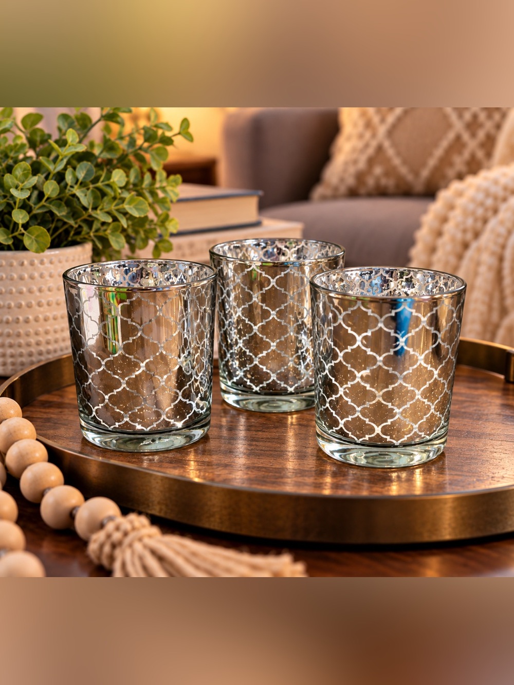 Mermaid Scale Silver Metallic Trefoil Votive Candle Holders Set of 3
